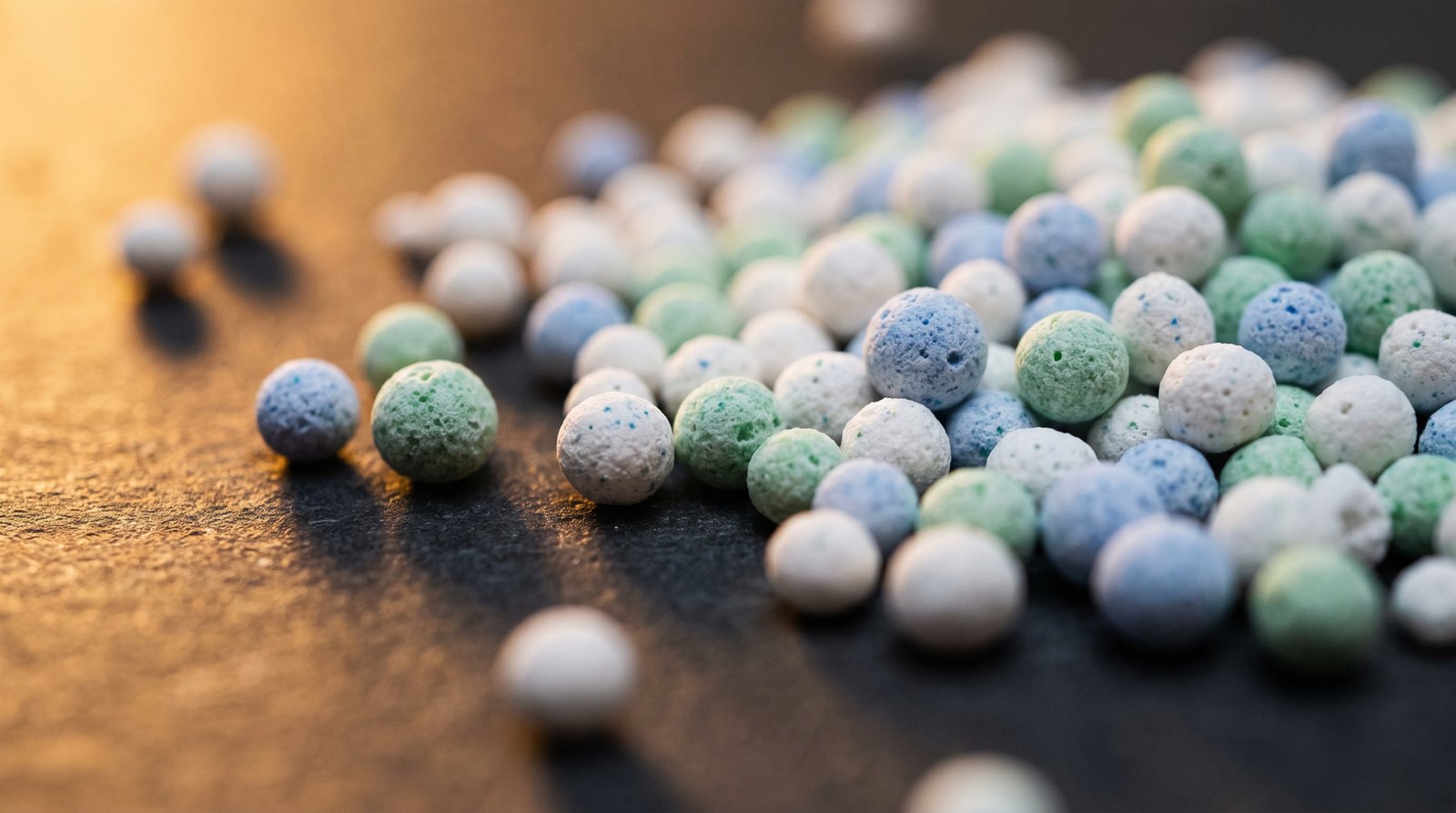 Speckled detergent enzyme granules on a dark surface