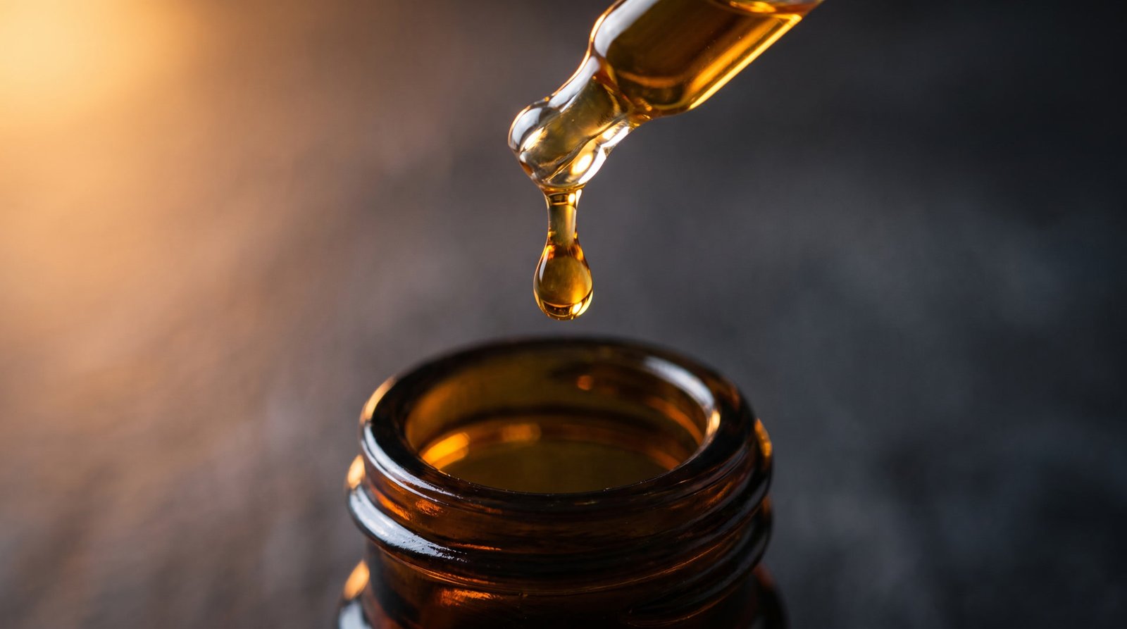 Amber fragrance oil dropping from a glass pipette